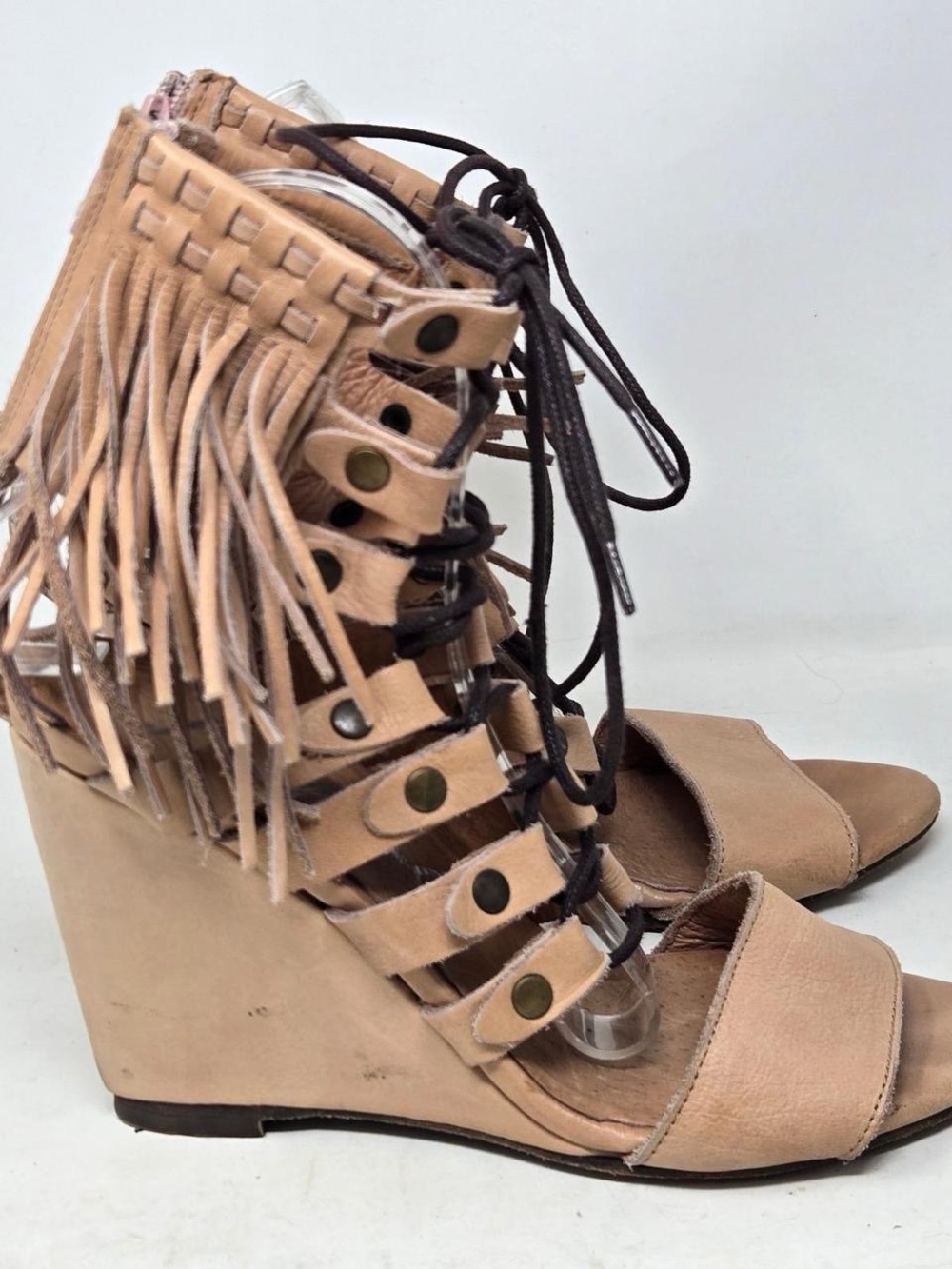 Free People Tan Fringe Lace-Up Wedges